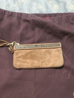 Coach Tan Suede Signature Wristlet with Leather Trim